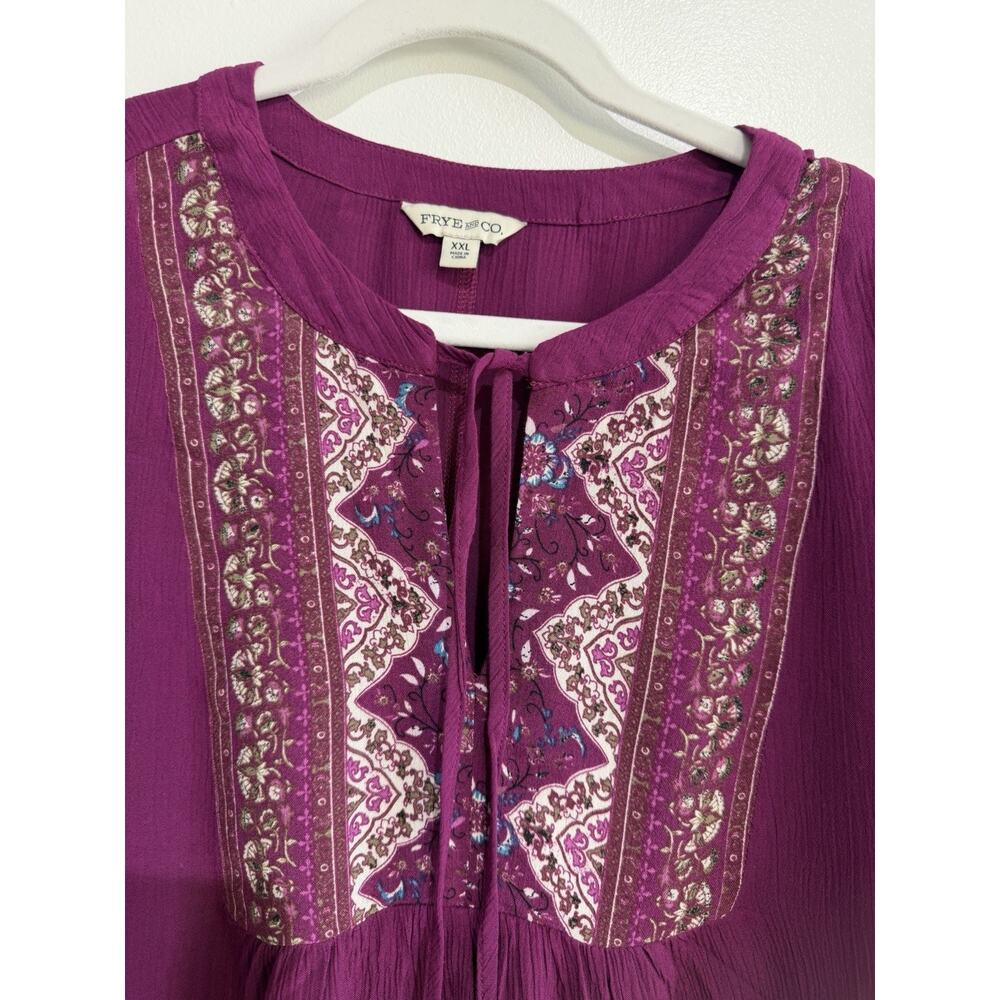 Frye And Co Top 3/4 Bell Sleeve Split Tie Neck Yoke Detail Burgundy Boho Sz-XXL - Picture 5 of 10
